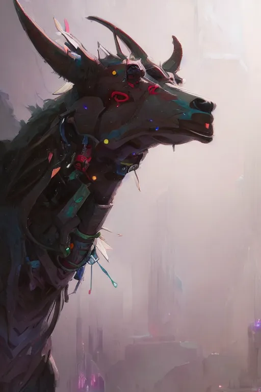 Image similar to closeup portrait of an evangelion beast mode llama, cyberpunk concept art by pete mohrbacher and artgerm and wlop and greg rutkowski and deathburger, digital art, highly detailed, intricate, sci-fi, sharp focus, Trending on Artstation HQ, deviantart, unreal engine 5, 4K UHD image, daily deviation, masterpiece llama art