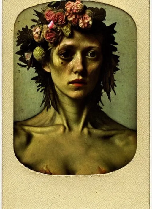 Image similar to beautiful and detailed rotten woman made of plants and many different types of flowers, muscles, intricate, organs, ornate, manet, gustave courbet, caravaggio, romero ressendi 1 9 1 0 polaroid photo