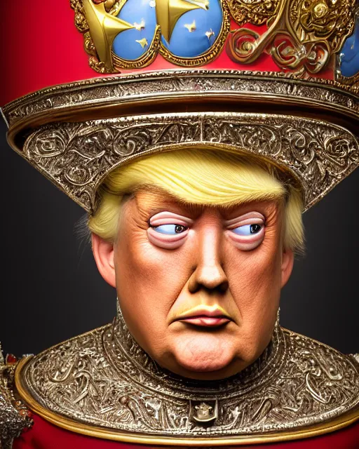 Prompt: highly detailed closeup, face profile portrait of a tin toy donald trump as king henry viii, depth of field, fashion photoshoot by nicoletta ceccoli, mark ryden, lostfish, dan decarlo, bob clampett, max fleischer, breathtaking, detailed and intricate environment, 8 k resolution, hyperrealistic, octane render