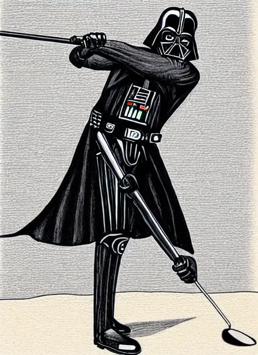 Prompt: a colored pen drawing of darth vader playing golf