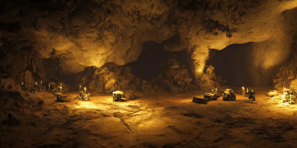 Prompt: mechanoids mining resources in a cave with minimal lighting in the style of thomas cole, cinematic lighting, raytracing, 8 k, octane render, volumetric, vivid, beautiful, hyperrealism