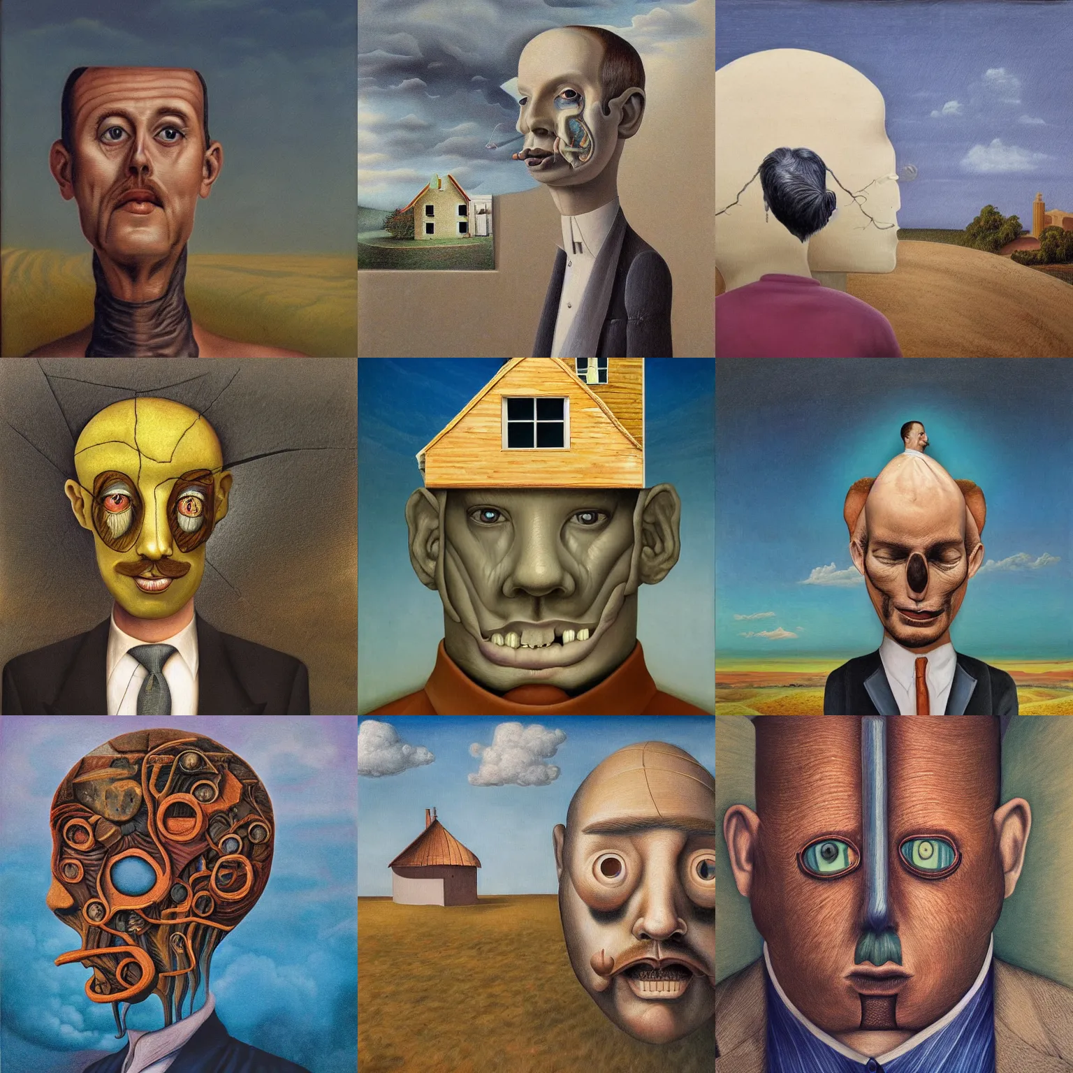 Prompt: A detailed surrealism painting of a man with a head looking like a house