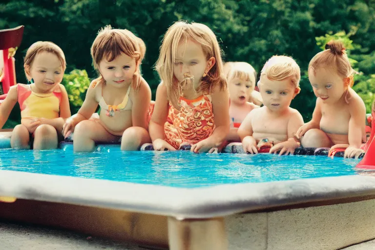 Prompt: toddlers in the summer, pool, year 2000s, nostalgic, detailed