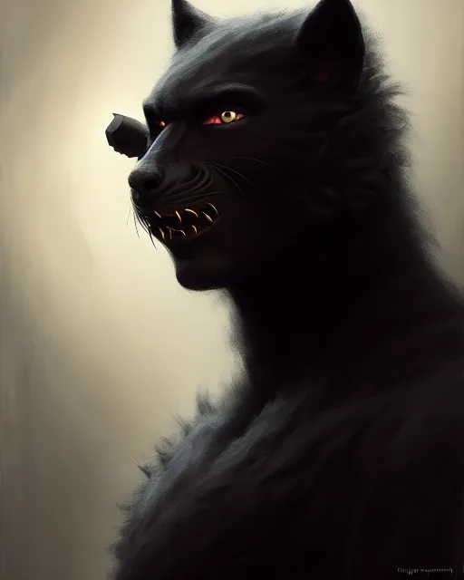 Image similar to a portrait of black furry shadow nightmare monster hybrid human in a background of deep shadows, illustration, dramatic lighting, soft details, painting oil on canvas, art nouveau, octane render, HDR, 4k, 8k, HD, by Edmund Blair Leighton, Brom, Charlie Bowater, trending on artstation, Tom Bagshaw, faces by otto Schmidt