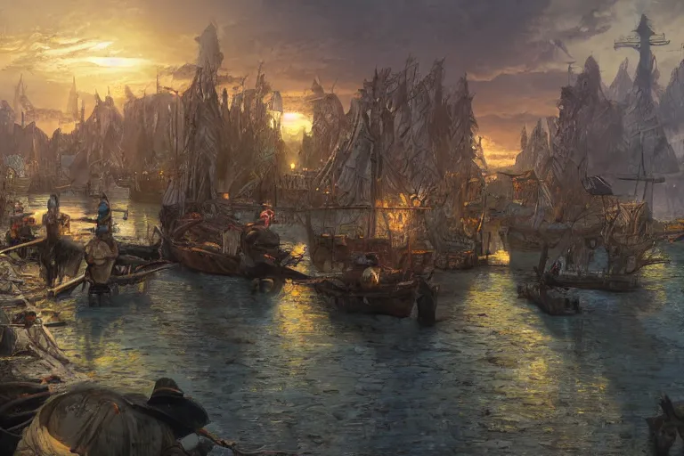 Image similar to allies who long spoke in one voice now squabble over petty differences. merchants seize farmland to build their roads ; farmers uproot sacred groves to plant their crops. sunset lighting ominous shadows, cinematic fantasy painting, dungeons and dragons, peaceful evening harbor, port, medieval coastal village, jessica rossier and brian froud