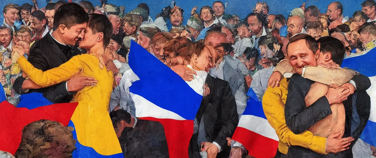 Image similar to volodymyr zelensky hugging and kissing vladimir putin, dramatic torn ukraine and russian flag in the backround, hd artstation, igor v babailov, joan baez, dean cornwell, norman rockwell, ilya kuvshinov, j c leyendecker, victo ngai, mc clelland barclay, cinematic, wide angle shot