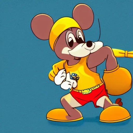 Image similar to 2 d traditional animation, portrait, upper body shot, mid shot, anthropomorphic mouse, female, wearing denim short shorts and a off yellow tank top shirt, in the style of rescue rangers