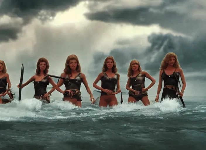 Image similar to film still charlie's angels ( 1 9 7 6 ) as a viking women with weapons riding on a jet skis, wearing skin - tight futuristic valkerie bikinis, rough seas in background, lightning storms, water world, mad max, hyper - realistic, highly detailed, accurate, 8 k octane render, 2 8 mm, wide angle, rule of thirds