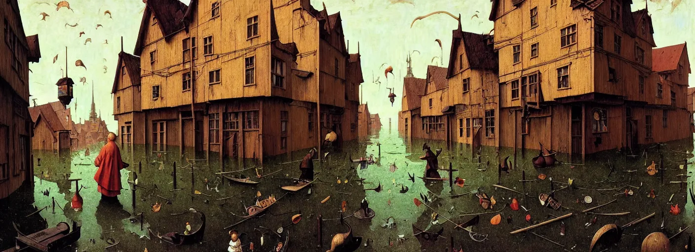Prompt: flooded old wooden city street, very coherent and colorful high contrast masterpiece by norman rockwell franz sedlacek hieronymus bosch dean ellis simon stalenhag rene magritte gediminas pranckevicius, dark shadows, sunny day, hard lighting, reference sheet white background