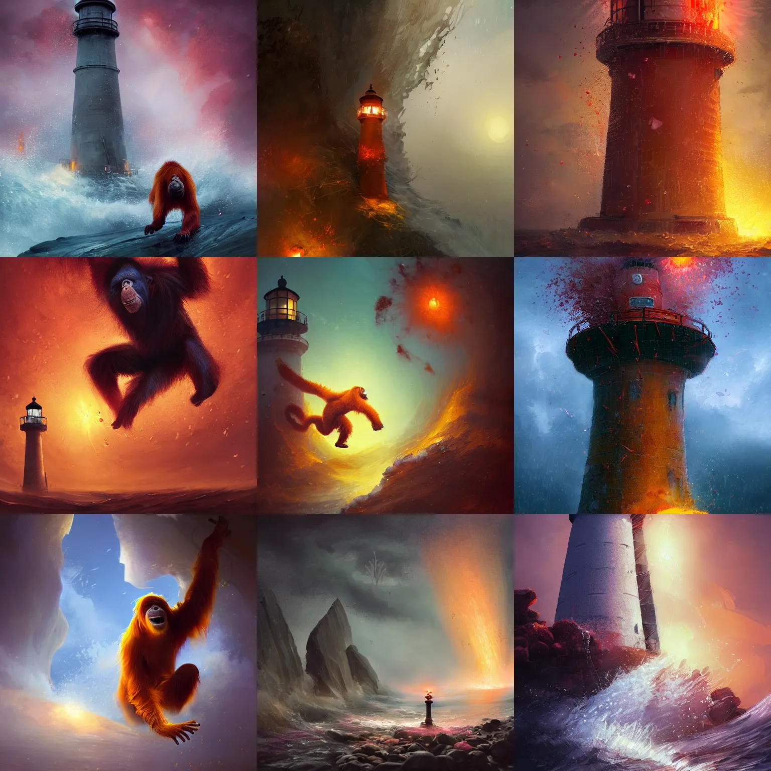 Prompt: orange orangutan climbing on lighthouse as on tree, hydro explosion, radiant light, vortex of plum petals, oil painting, tooth wu, greg rutkowski, rpg portrait, dynamic lighting, fantasy art, high contrast, depth of field