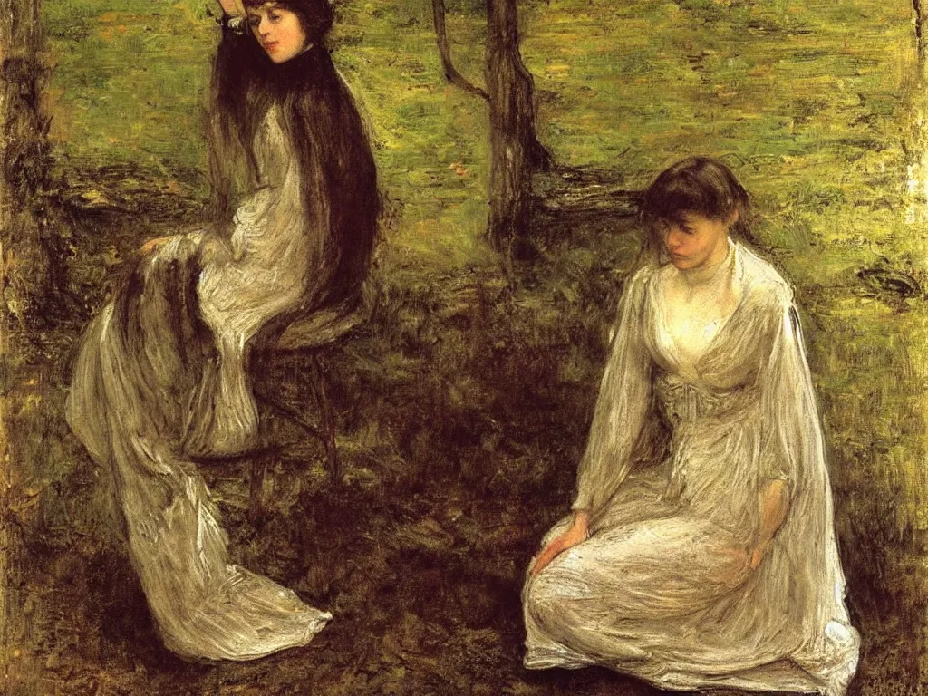 Image similar to Beautiful woman seated in meditation posture. Painting by John Everett Millais