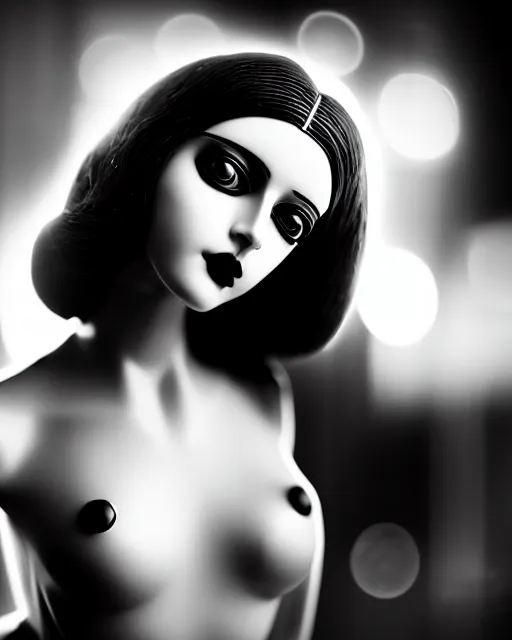 Image similar to black and white dreamy young beautiful female artificial intelligence, metropolis, cinematic, rim light, bokeh, photo - realistic, elegant, high detail, 8 k, masterpiece, photo taken in 1 9 3 0