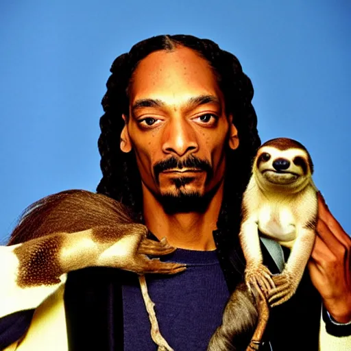 Prompt: Snoop Dogg holding a Sloth for a 1990s sitcom tv show, Studio Photograph, portrait, C 12.0