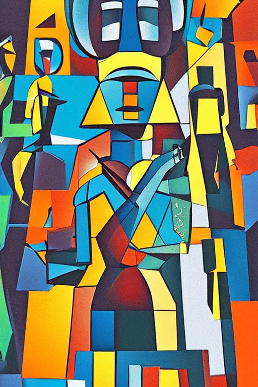 Image similar to cubist moai statue cutout digital illustration cartoon colorful beeple