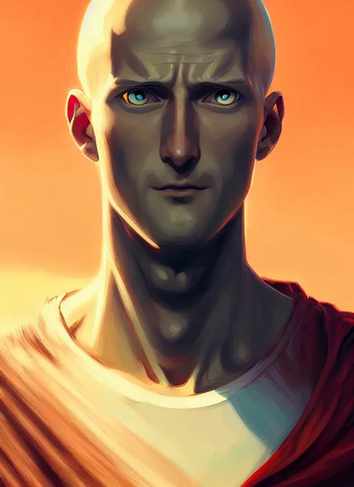 Image similar to handsome saitama, half body shot, path traced, punch, highly detailed, high quality, digital painting, alena aenami, lilia alvarado, shinji aramaki, karol bak, alphonse mucha, tom bagshaw