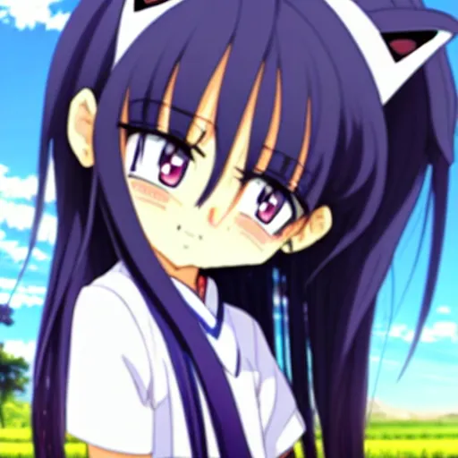 Prompt: A cute young anime girl with long indigo hair, wearing a school soccer uniform, in a large grassy green field, there is a cat next to her, shining golden hour, she has detailed black and purple anime eyes, extremely detailed cute anime girl face, she is happy, child like, Japanese shrine in the background, Higurashi, black anime pupils in her eyes, Haruhi Suzumiya, Umineko, Lucky Star, K-On, Kyoto Animation, she is smiling and happy, tons of details, stretching her legs on the grass, doing splits and stretching, chibi style, extremely cute, she is smiling and excited, her hands are placed on her legs