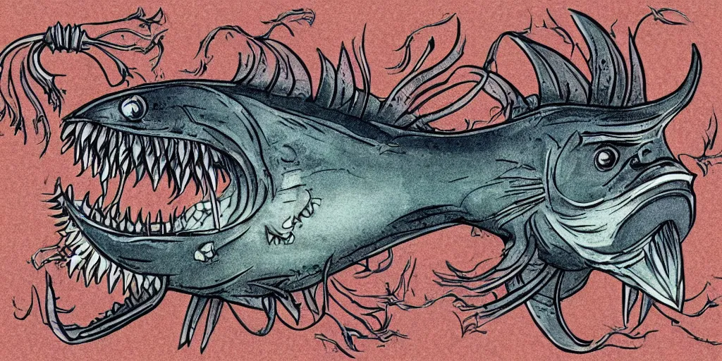 Image similar to illustration of an angler fish, deep sea, large mouth filled with pointed teeth, stylized linework, ornamentation, artistic, muted color wash