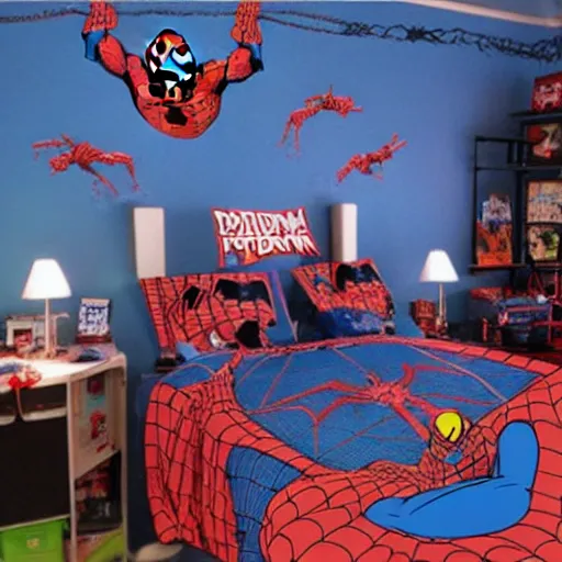 Prompt: room of spiderman fans, is mess, bedroom, chair, teenager room, wide shot