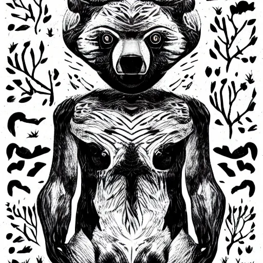 Prompt: black and white illustration creative design, scary bear, body horror