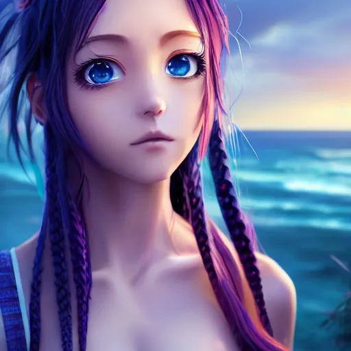 Prompt: oil painting render as a very beautiful 3d anime girl, long braided purple hair, azure blue eyes, full round face, short smile, casual clothes, serene beach setting, cinematic lightning, medium shot, mid-shot, highly detailed, trending on Artstation, Unreal Engine 4k, cinematic wallpaper