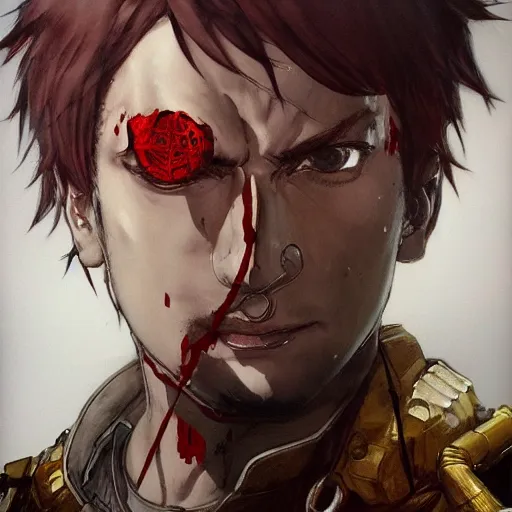 Image similar to portrait of a young white hero using his right arm to hold his sword covering his eye by yoji shinkawa, high quality, extra details, realism, ornate, colored, golden chain, blood, white skin, short hair, brown eyes, vivid, sunlight, red headband, black eyepatch, white american soldier, painting, cybernetics, military