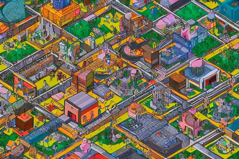 Image similar to isometric intricate complex wimmelbild illustration of weird dreamworld trending on artstation