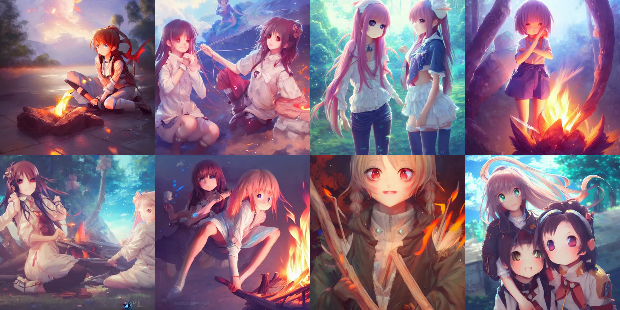 Prompt: anime cute girls around campfire trending on artstation hyperdetailed Unreal Engine 4k 8k ultra HD illustration digital pixiv concept art manga cover by Stanley Artgerm Lau, WLOP, Rossdraws, James Jean, Andrei Riabovitchev, Marc Simonetti, and Sakimichan