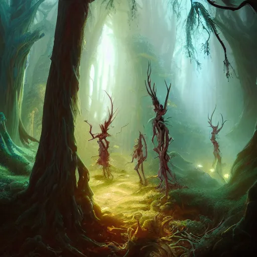 Image similar to detailed painting of menacing dryads in a redwood forest, in the style of peter mohrbacher, james jean, artgerm, dramatic lighting and composition, surreal background, octane render, pixar, trending on artstation, concept art, comic book, 8 k