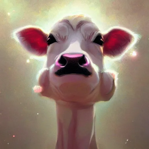 Image similar to very cute baby cow thinks about the cosmic multiverse, close up, anatomically correct, high detailed face, by ilya kuvshinov, greg rutkowski and makoto shinkai, trending on artstation