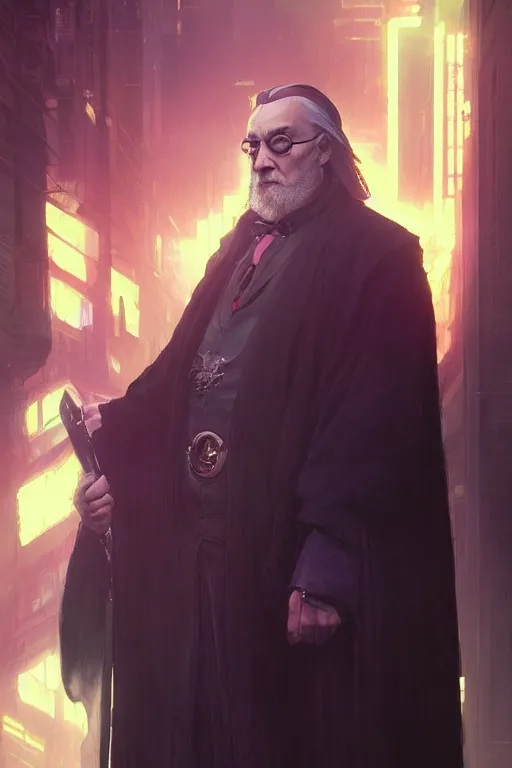 Prompt: portrait of Dumbledore in cyberpunk, neon lighting, night city, digital art from artstation by Ruan Jia and Mandy Jurgens and Artgerm and william-adolphe bouguereau and Greg Rutkowski