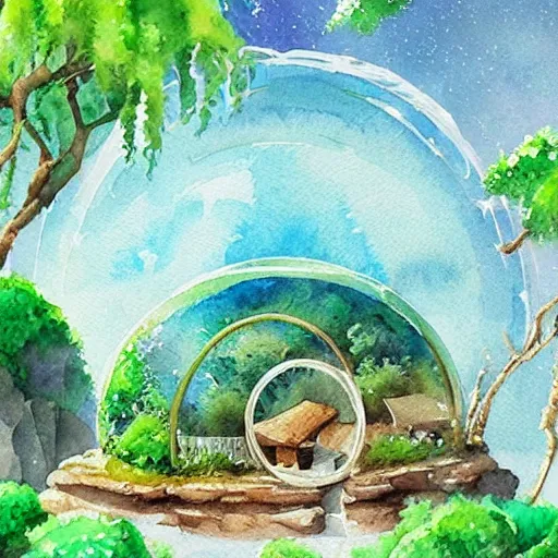 Image similar to beautiful happy picturesque charming sci - fi organic dome - like homes in a beautiful natural scene. water, trees and rocks. beautiful light. soft colour scheme. beautiful artistic detailed watercolor by lurid. ( 2 0 2 2 )