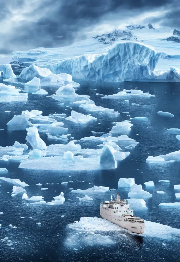 Image similar to ship being persecuted by a police ship over raging turbulent waters in antartica, icebergs in the background, hyper realistic, highly detailed, digital art, apocalyptic, intimidating lighting, raytracing, sharp focus, smooth