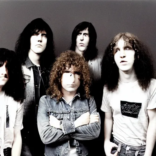 Image similar to group of 1 9 - year - old boys and girls with shaggy wavy hair, wearing double denim, proto - metal band promo, heavy rock band promo photo, early heavy metal, 1 9 7 5 photo