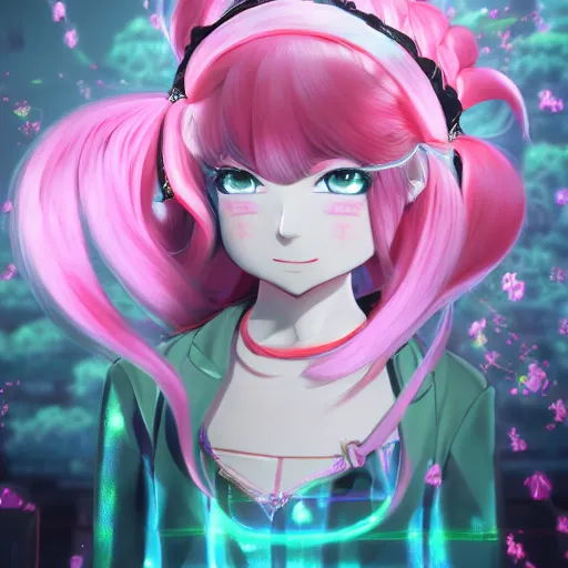 Image similar to trapped by stunningly beautilful omnipotent megalomaniacal anime asi goddess who looks like junko enoshima with symmetrical perfect face and porcelain skin, pink twintail hair and cyan eyes, taking control while smiling inside her surreal vr castle, hyperdetailed, digital art from danganronpa, unreal engine 5, 2 d anime style, 8 k