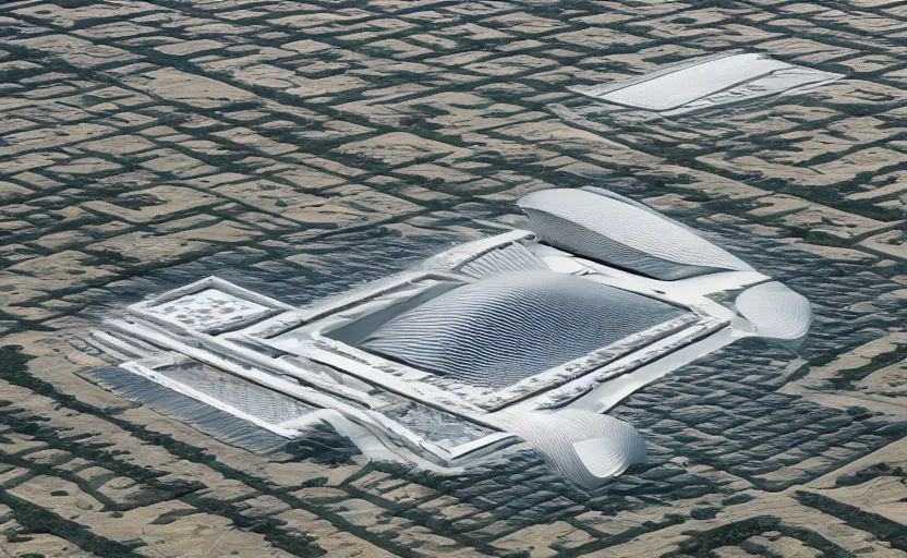 Image similar to parametric structure, medical complex, in the desert beside the gulf, view from above, design by kengo kuma, dezeen, architectural photography