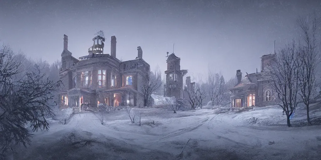 Prompt: haunted mansion on a snowy hill by simon stalenhag, matte painting