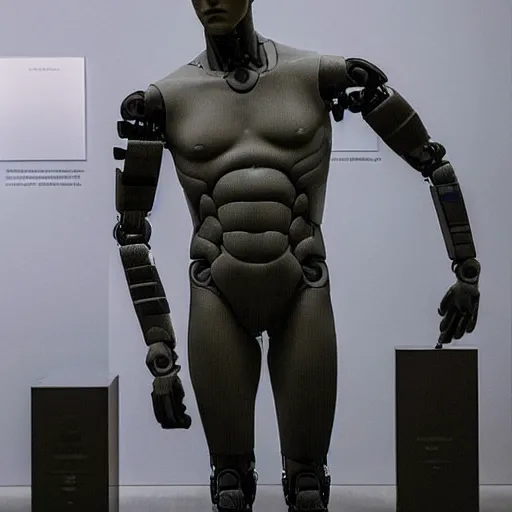 Image similar to “ a realistic detailed photo of a guy who is an attractive humanoid who is half robot and half humanoid, who is a male android, actor liam hemsworth, shiny skin, posing like a statue, blank stare, at the museum, on display ”