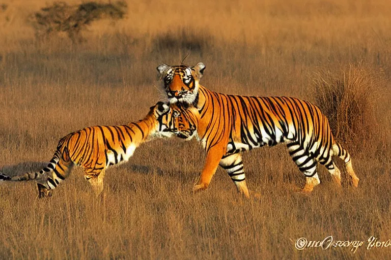 Image similar to an antelope and a tiger, the antelope is chasing the tiger golden hour, 6 0 0 mm, wildlife photo, national geographics