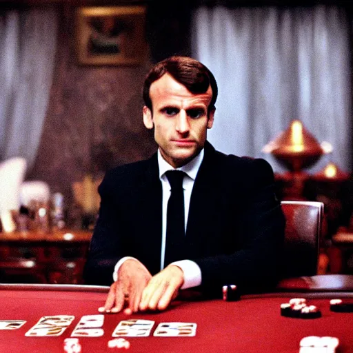 Prompt: Emmanuel Macron, playing poker with the devil, in American Psycho (1999)