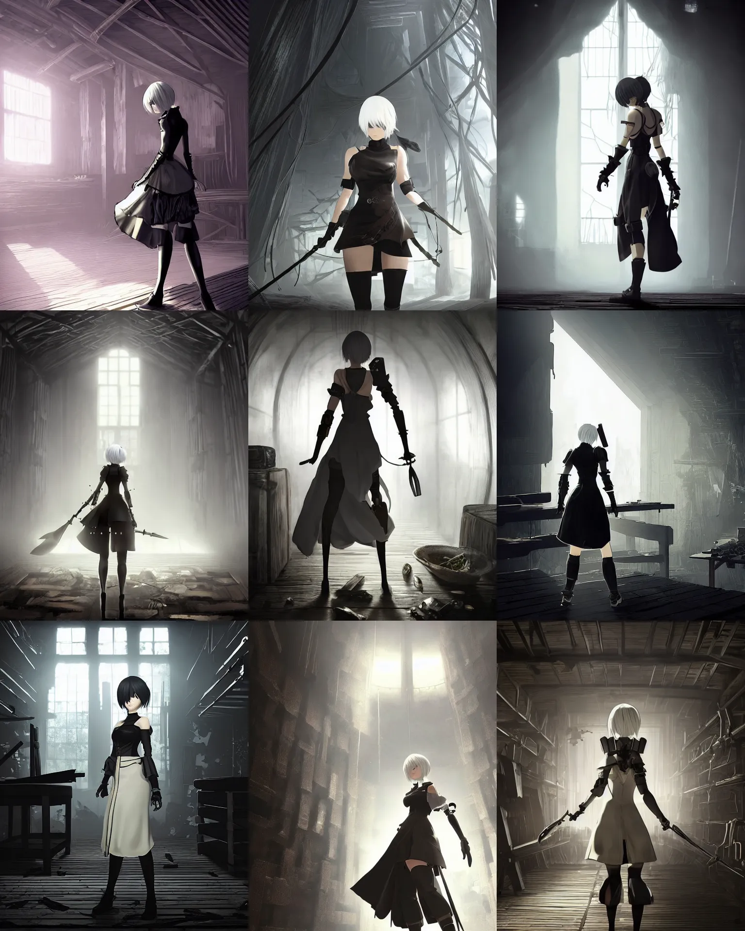 Prompt: style : nier automata. composition : medium shot. style : digital art ; detailed ; dreamlike ; 4 k. scenery : the inside of a dark barn ; a faint ray of light is shining through a crack in the planks. subject : a young woman ; dark hair ; wearing a white dress. action : the woman is hiding behind a workbench.