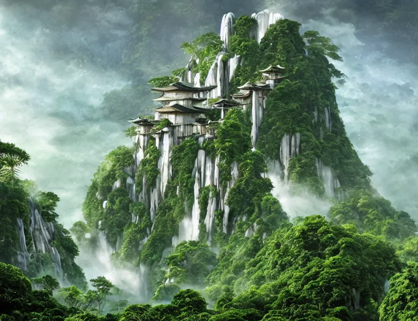 Image similar to a cinematic widescreen photo of cyberpunk japanese cloud temples on a terraced mountain in a misty bamboo cloud forest with colossal waterfalls at dawn by studio ghibli and roger dean, terraced, mystical, gardens by the bay