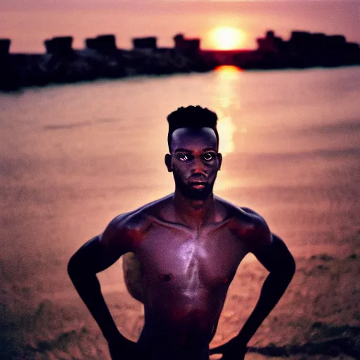 Prompt: afro men at the beach, close - up portrait, sharp focus, sunset, film still, analog film, 3 5 mm, disposable camera