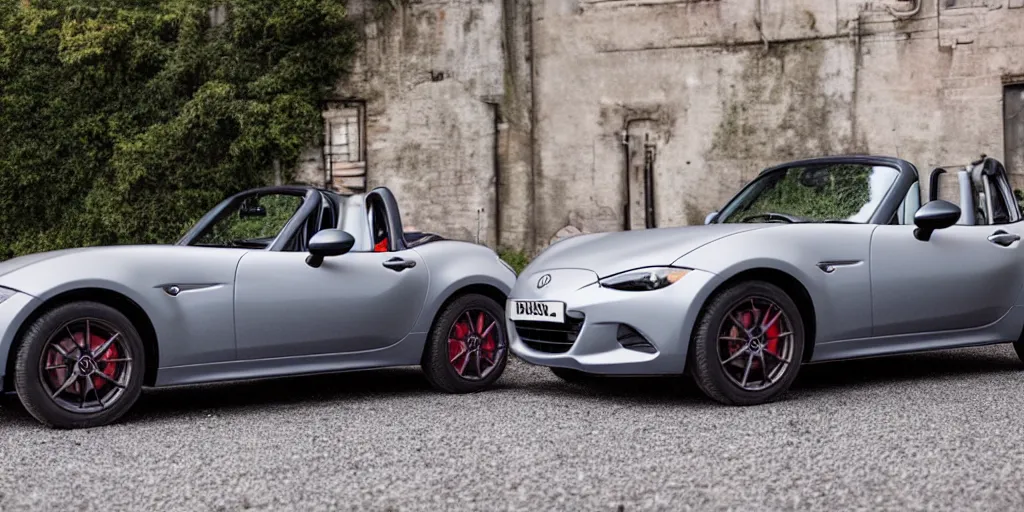 Image similar to a wide angle photograph of a grey rabbit posing with their red mazda mx-5