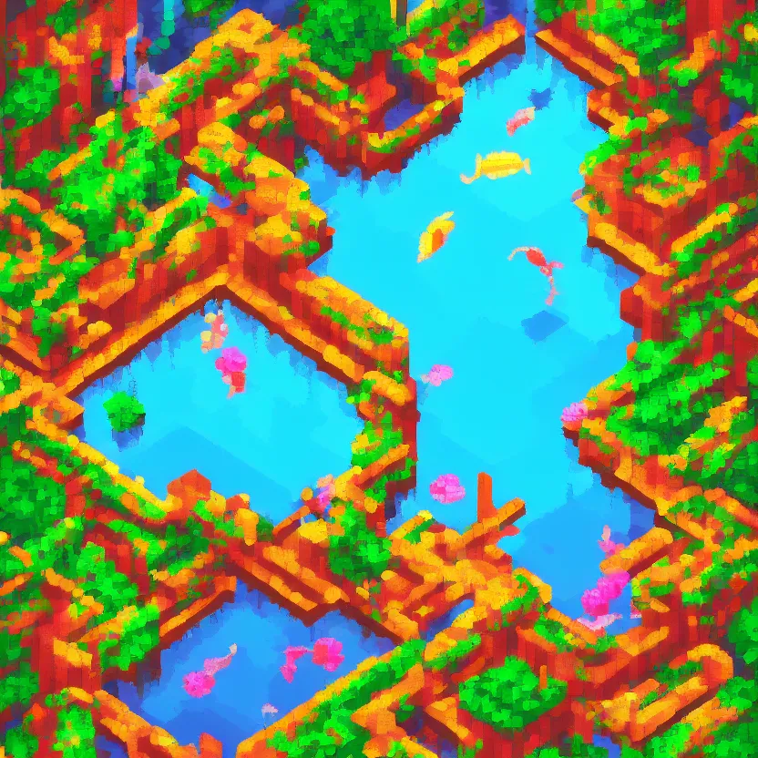 Prompt: a pixel art background for a simple round fountain with koi fish inside, colorful, indie game kickstarter campaign, artstation, beautiful, coherent, long awaited award winning, nominated