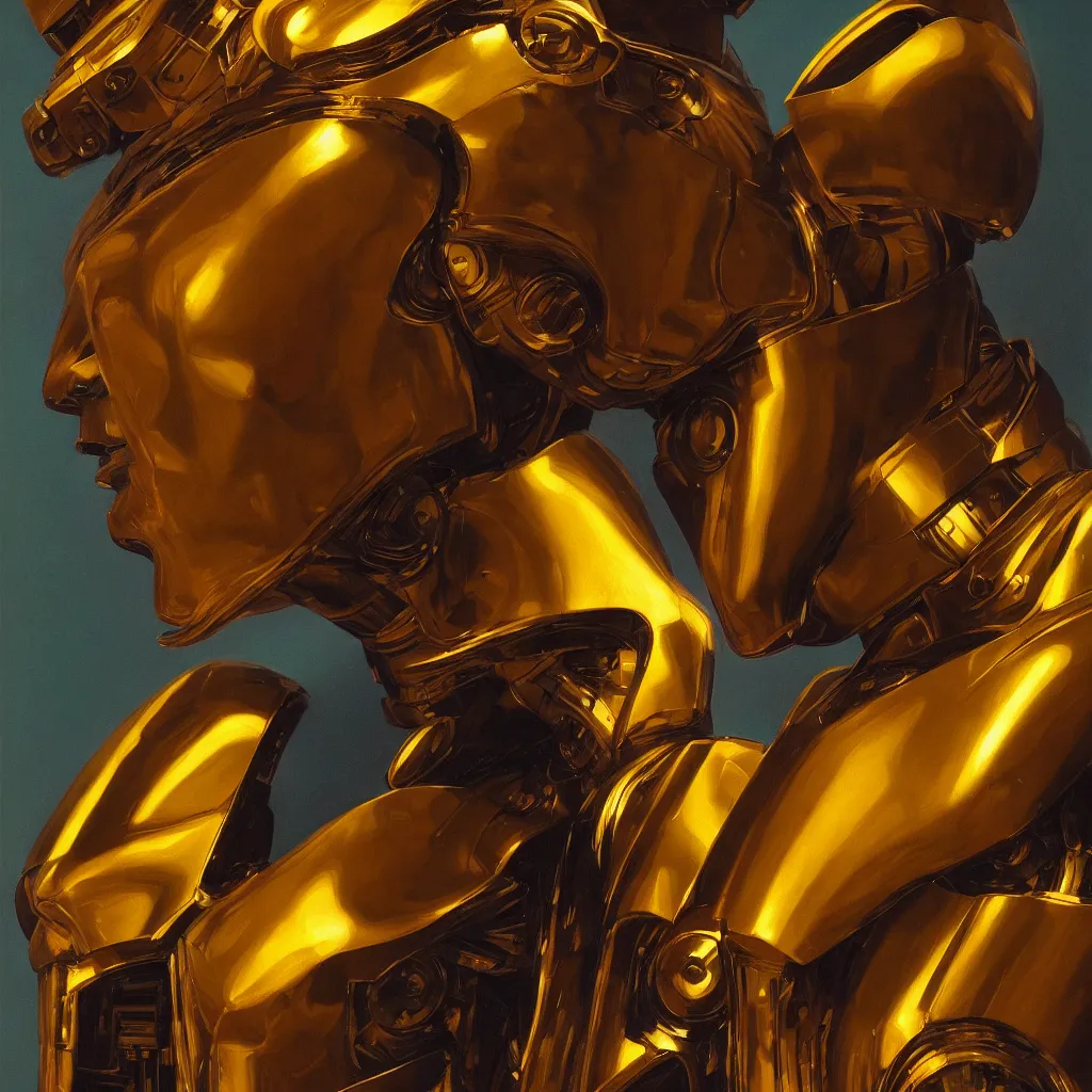 Image similar to cinematic bust portrait of psychedelic god robot from left, head and chest only, robotic improvements, part of Moebius, part of maxfield parrish, part of Thomas Ehretsmann,, oil on canvas, masterpiece, trending on artstation, cinematic composition, dramatic pose, beautiful lighting, sharp, details, hyper-detailed, volumetric lighting 4K