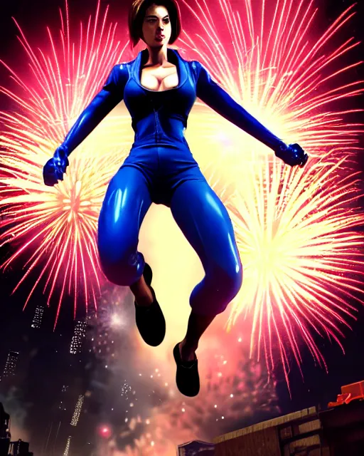 Image similar to gigachad jill valentine bodybuilder jumping in front of a fireworks show fighting wearing a suit in the fight club city, fantasy character portrait, ultra realistic, anime key visual, full body concept art, intricate details, highly detailed by greg rutkowski, ilya kuvshinov, gaston bussiere, craig mullins, simon bisley