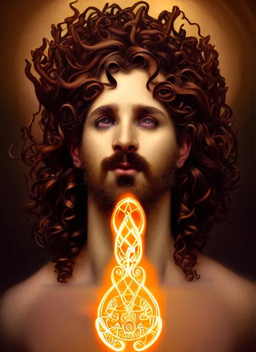 Image similar to portrait of greek god dionysus, auburn curly hair, glowing eyes, volumetric lights, goatee, feast, music notes, art nouveau botanicals, gothic, intricate, highly detailed, digital painting, artstation, concept art, smooth, sharp focus, symmetric face, illustration, steampunk, art by artgerm and greg rutkowski and alphonse mucha