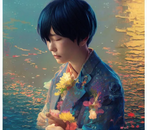 Prompt: harmony blue jacket, tiny rainbow triangles, black haired yoongi, above water, by wlop, james jean, victo ngai, muted colors, highly detailed, fantasy art by craig mullins, thomas kinkade