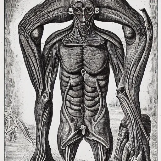 Prompt: student book of anatomy of an alien creature, by Ernst Fuchs