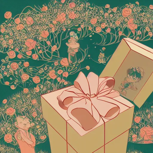 Prompt: gift box inside gift box inside gift box inside gif box, like matriochkas, illustration by victo ngai